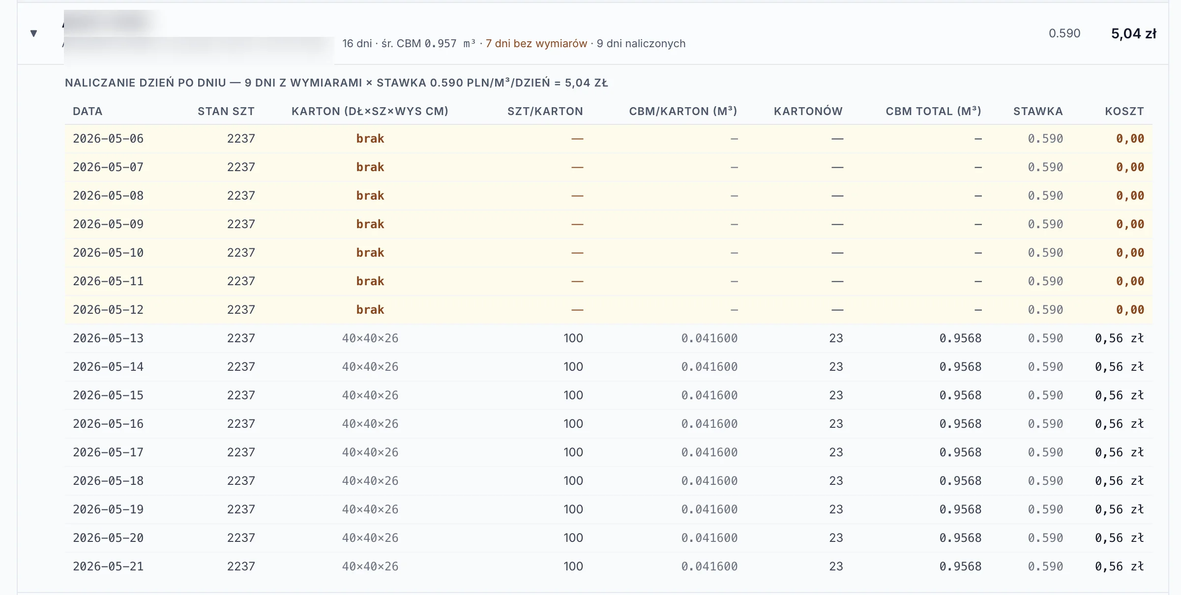 Per CBM billing in FulBill — day-by-day accrual based on actual volume in m³