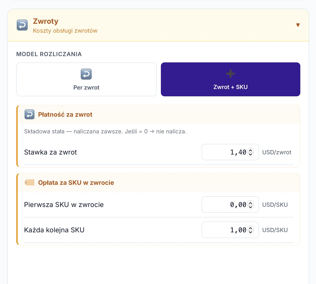Returns in FulBill — two billing models: per return (flat rate) or return + SKU (with surcharge per item)