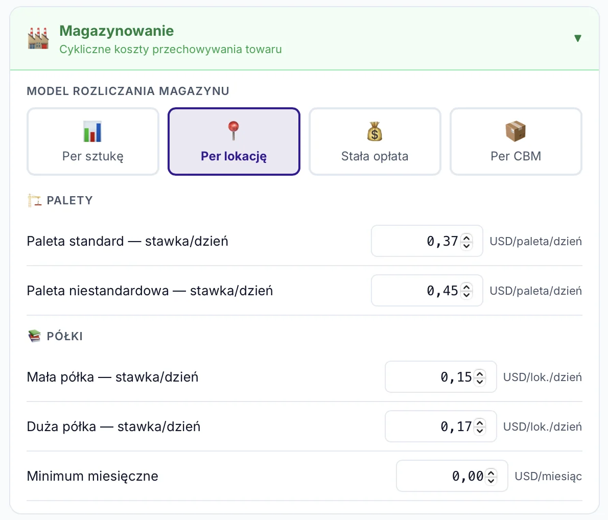 Storage in FulBill — 4 billing models: per unit, per location, fixed fee, per CBM